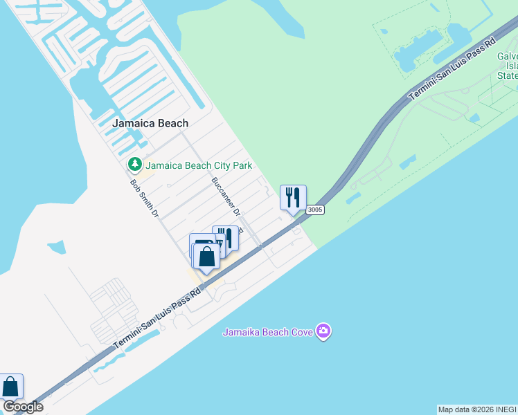 map of restaurants, bars, coffee shops, grocery stores, and more near 16514 Captain Kidd Road in Jamaica Beach