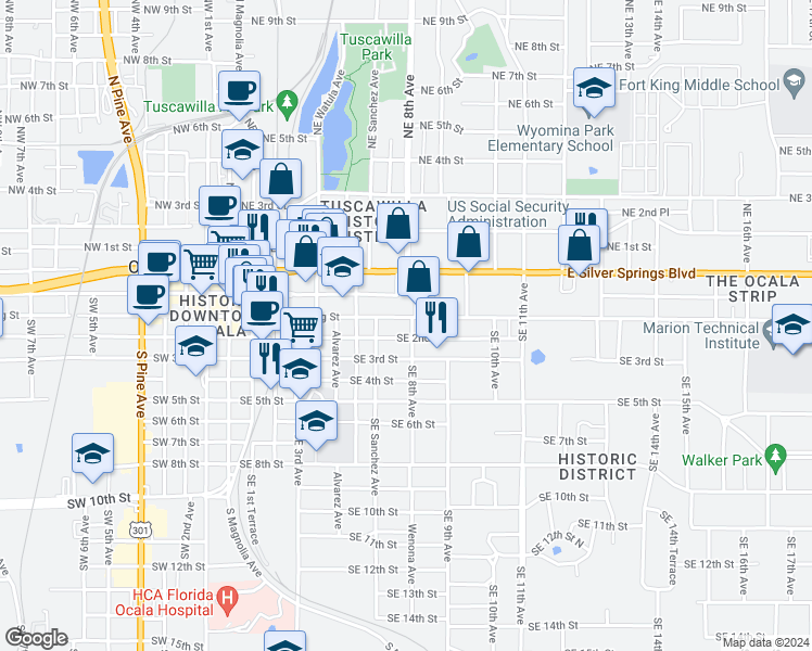 map of restaurants, bars, coffee shops, grocery stores, and more near 740 East Fort King Street in Ocala