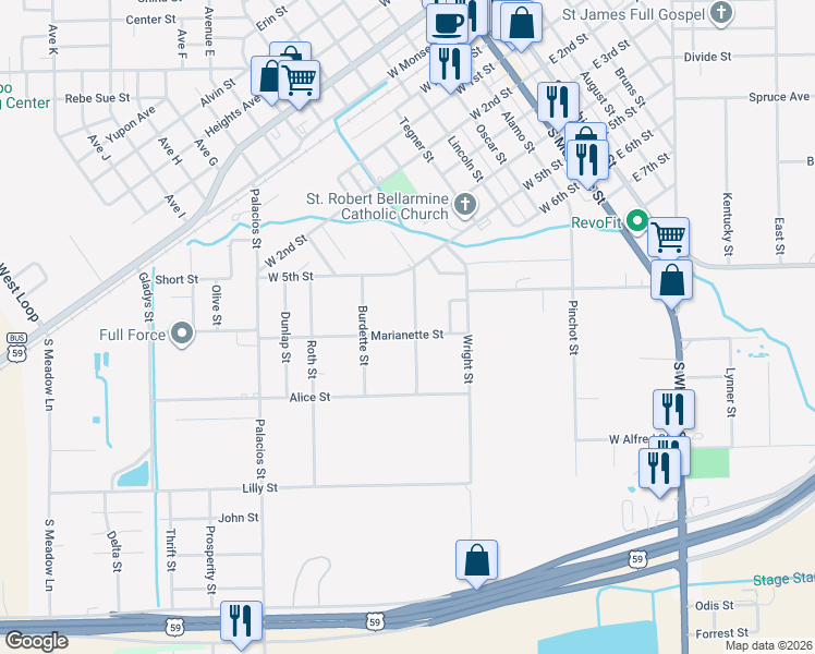 map of restaurants, bars, coffee shops, grocery stores, and more near 718 Grace Street in El Campo