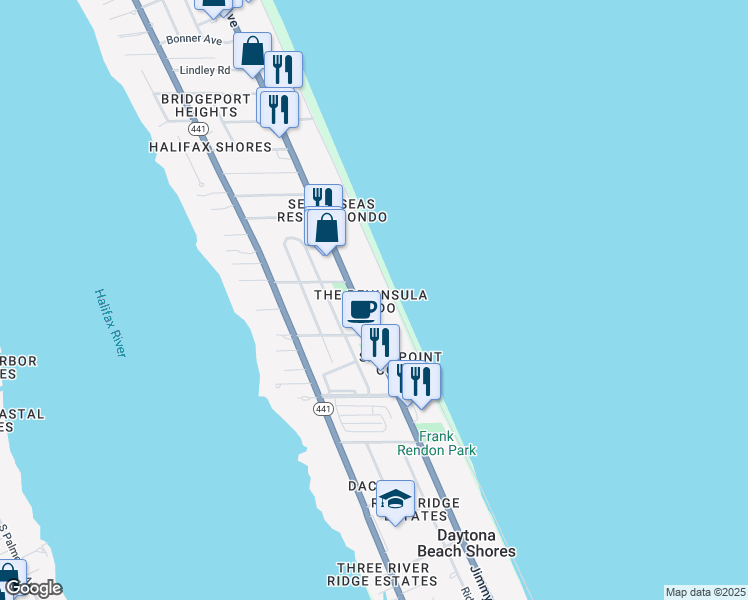map of restaurants, bars, coffee shops, grocery stores, and more near 2545 South Atlantic Avenue in Daytona Beach