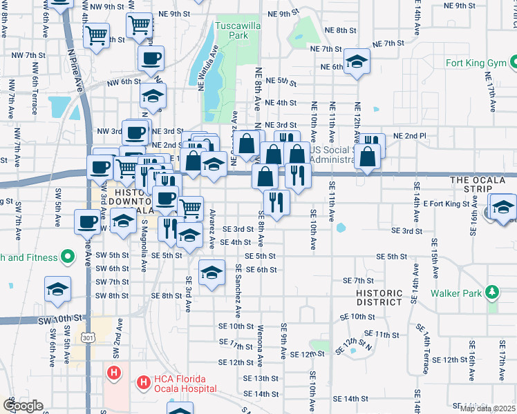 map of restaurants, bars, coffee shops, grocery stores, and more near 805 East Fort King Street in Ocala
