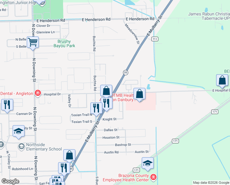 map of restaurants, bars, coffee shops, grocery stores, and more near 101 East Hospital Drive in Angleton