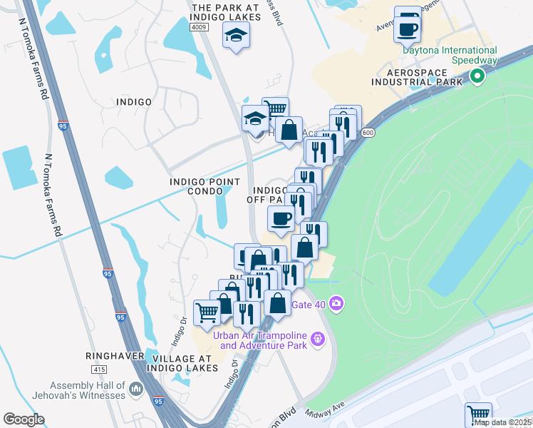 map of restaurants, bars, coffee shops, grocery stores, and more near 135 Executive Circle in Daytona Beach