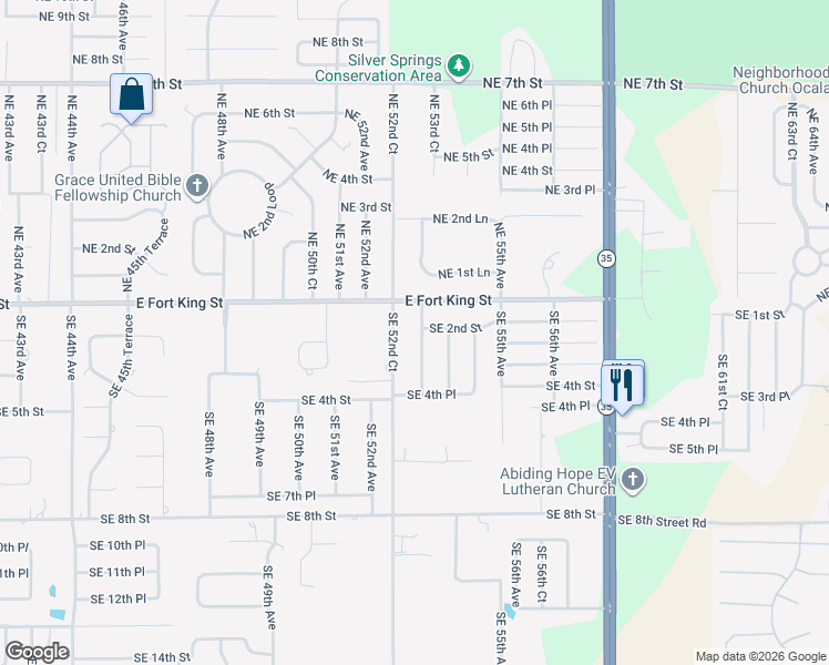 map of restaurants, bars, coffee shops, grocery stores, and more near 5351 Southeast 2nd Street in Ocala