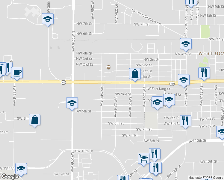 map of restaurants, bars, coffee shops, grocery stores, and more near 2312 Southwest Fort King Street in Ocala