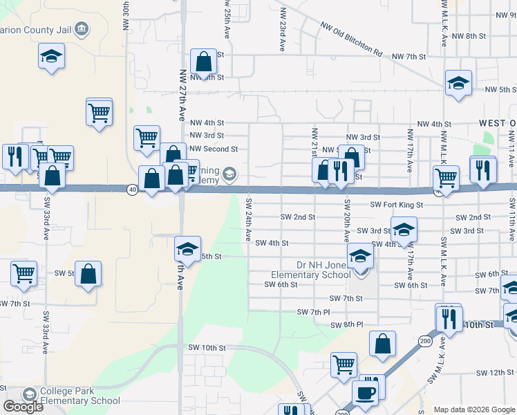 map of restaurants, bars, coffee shops, grocery stores, and more near 2336 Southwest Fort King Street in Ocala