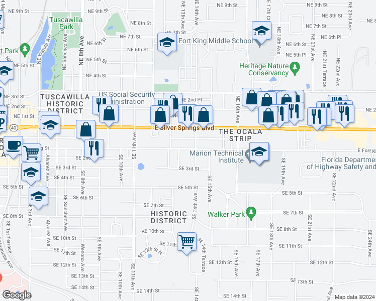 map of restaurants, bars, coffee shops, grocery stores, and more near 1324 East Fort King Street in Ocala