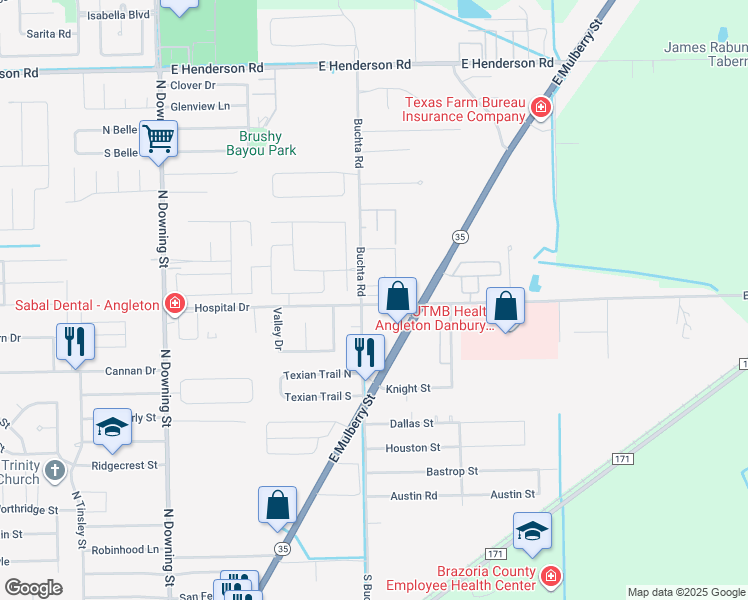 map of restaurants, bars, coffee shops, grocery stores, and more near 6 Hospital Drive in Angleton