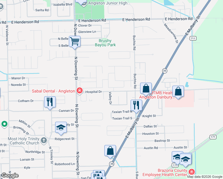 map of restaurants, bars, coffee shops, grocery stores, and more near 324 Amy Street in Angleton