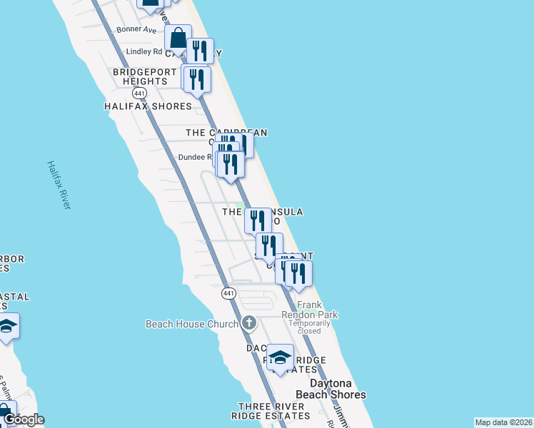 map of restaurants, bars, coffee shops, grocery stores, and more near 2545 South Atlantic Avenue in Daytona Beach