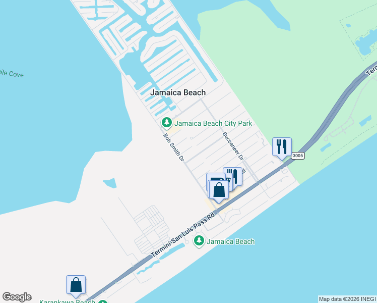 map of restaurants, bars, coffee shops, grocery stores, and more near 16705 Moby Dick in Jamaica Beach