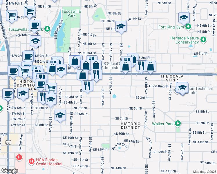 map of restaurants, bars, coffee shops, grocery stores, and more near 1030 East Fort King Street in Ocala