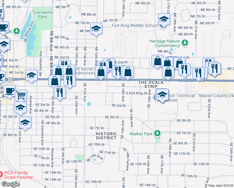 map of restaurants, bars, coffee shops, grocery stores, and more near 1331 East Fort King Street in Ocala