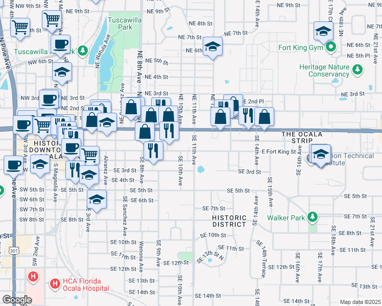 map of restaurants, bars, coffee shops, grocery stores, and more near 1126 East Silver Springs Boulevard in Ocala