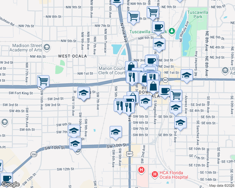 map of restaurants, bars, coffee shops, grocery stores, and more near 436 Southwest Fort King Street in Ocala