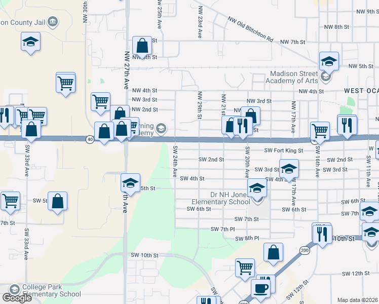 map of restaurants, bars, coffee shops, grocery stores, and more near 2336 Southwest Fort King Street in Ocala