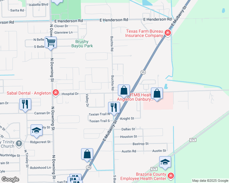map of restaurants, bars, coffee shops, grocery stores, and more near 6 Hospital Drive in Angleton