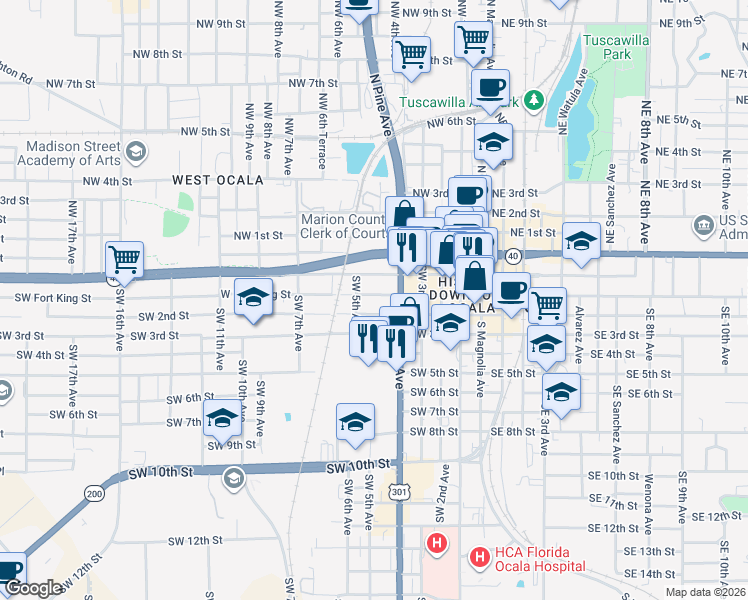 map of restaurants, bars, coffee shops, grocery stores, and more near 436 Southwest Fort King Street in Ocala