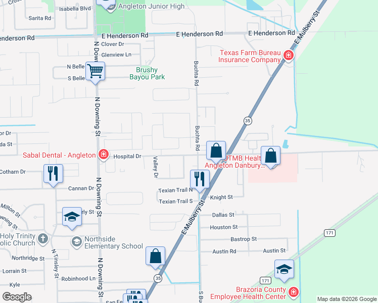 map of restaurants, bars, coffee shops, grocery stores, and more near 1332 Hospital Drive in Angleton