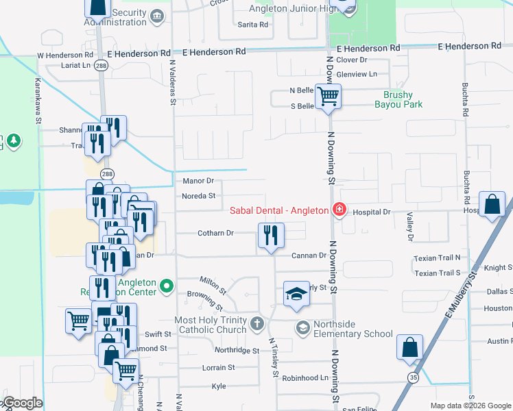 map of restaurants, bars, coffee shops, grocery stores, and more near 901 N Plantation Dr in Angleton