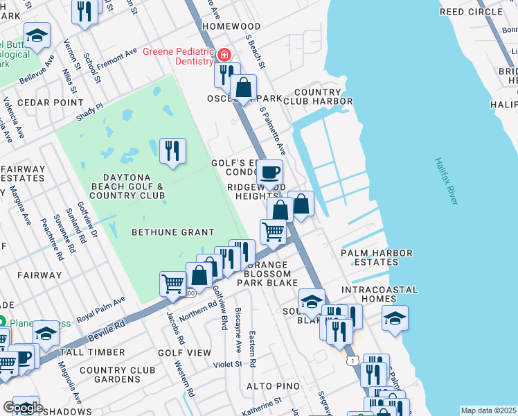 map of restaurants, bars, coffee shops, grocery stores, and more near 1500 Virginia Avenue in Daytona Beach