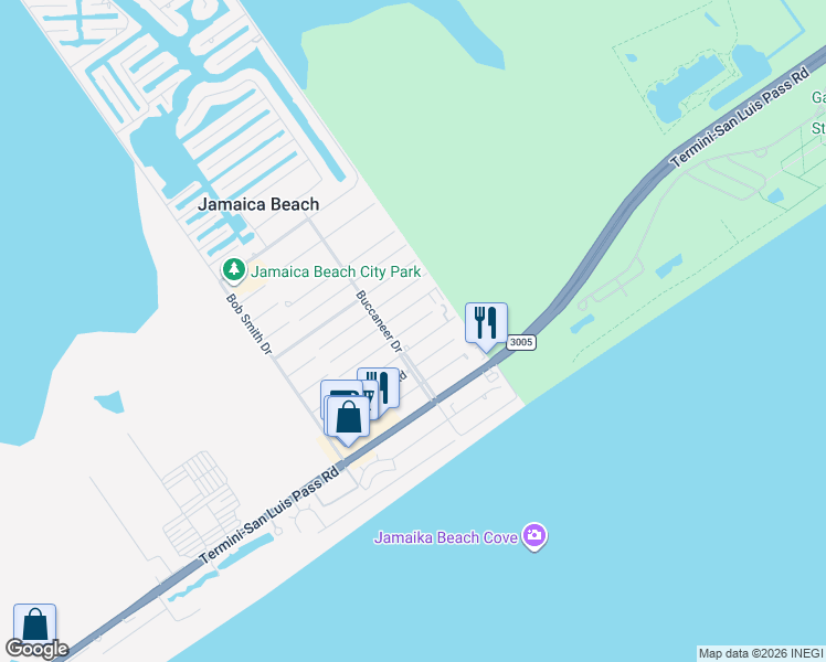 map of restaurants, bars, coffee shops, grocery stores, and more near 16530 Lewis Scot Road in Jamaica Beach