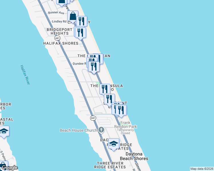 map of restaurants, bars, coffee shops, grocery stores, and more near 2545 South Atlantic Avenue in Daytona Beach