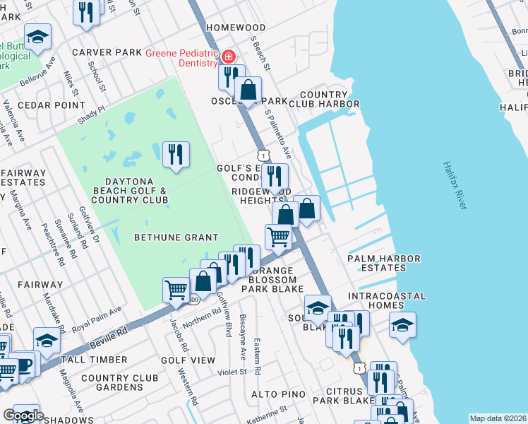 map of restaurants, bars, coffee shops, grocery stores, and more near 1500 Virginia Avenue in Daytona Beach