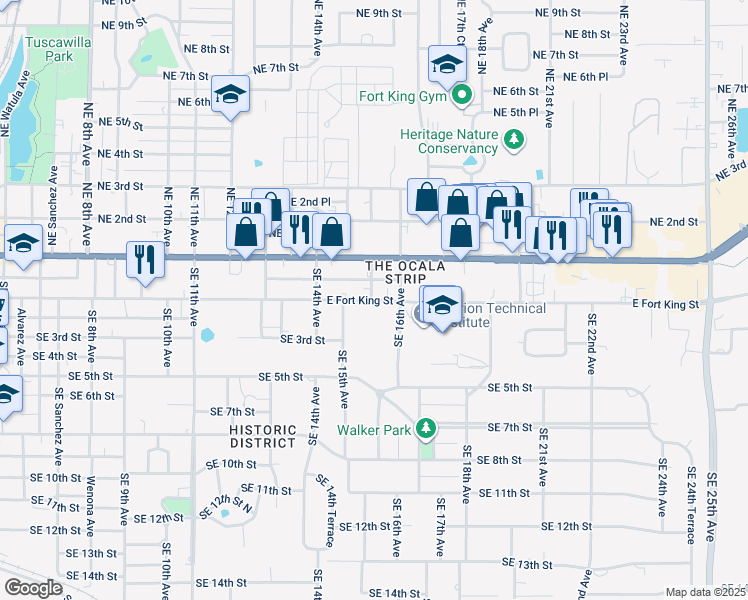map of restaurants, bars, coffee shops, grocery stores, and more near 1545 East Fort King Street in Ocala