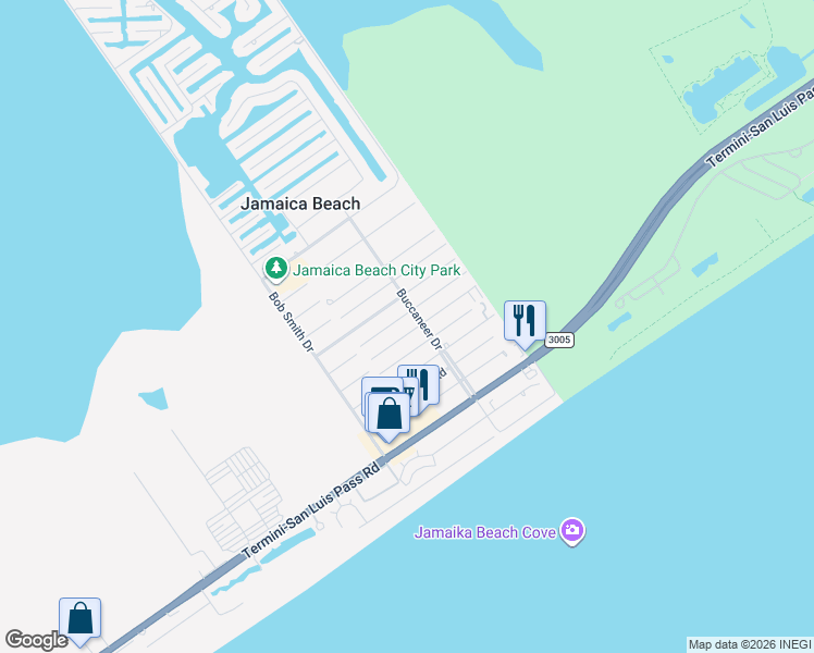map of restaurants, bars, coffee shops, grocery stores, and more near 16606 Jean Lafitte Road in Jamaica Beach