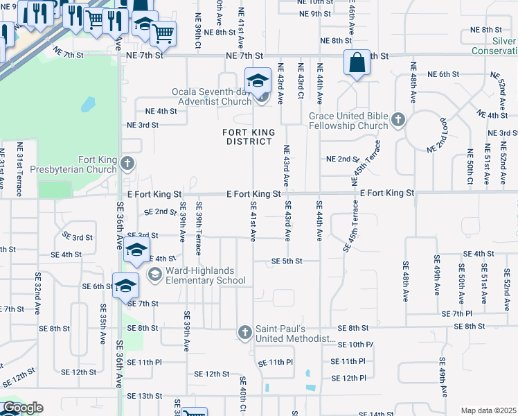 map of restaurants, bars, coffee shops, grocery stores, and more near 127 Southeast 41st Avenue in Ocala