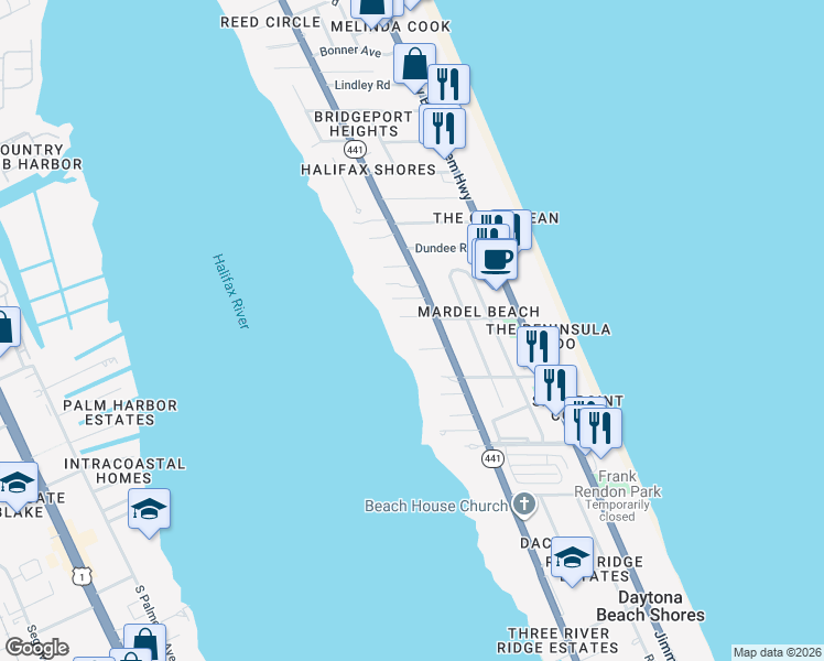 map of restaurants, bars, coffee shops, grocery stores, and more near 2538 South Peninsula Drive in Daytona Beach