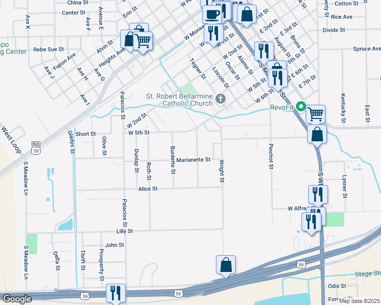 map of restaurants, bars, coffee shops, grocery stores, and more near 718 Grace Street in El Campo