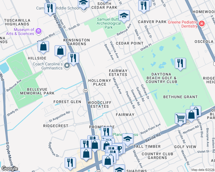 map of restaurants, bars, coffee shops, grocery stores, and more near 409 Aleatha Drive in Daytona Beach