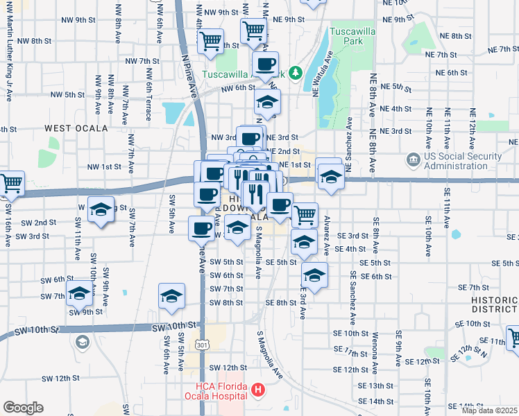 map of restaurants, bars, coffee shops, grocery stores, and more near Southeast Fort King Street in Ocala