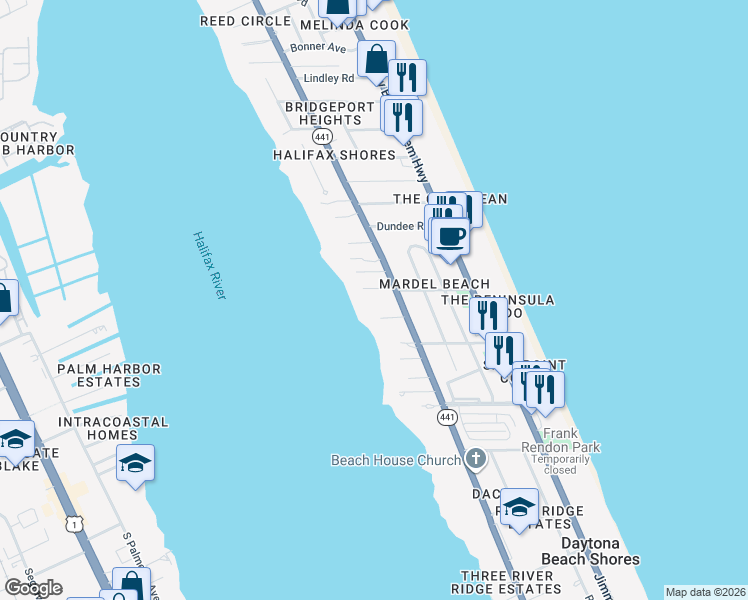 map of restaurants, bars, coffee shops, grocery stores, and more near 2538 South Peninsula Drive in Daytona Beach