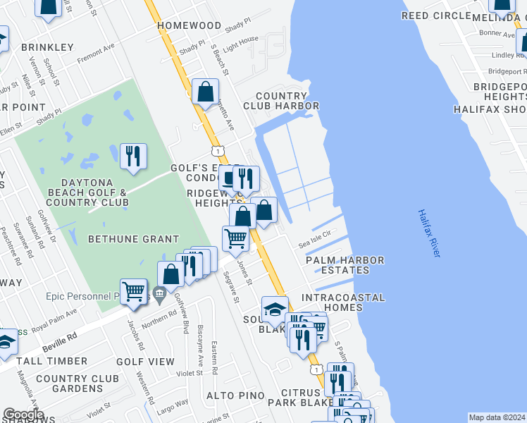 map of restaurants, bars, coffee shops, grocery stores, and more near 1450 South Palmetto Avenue in Daytona Beach