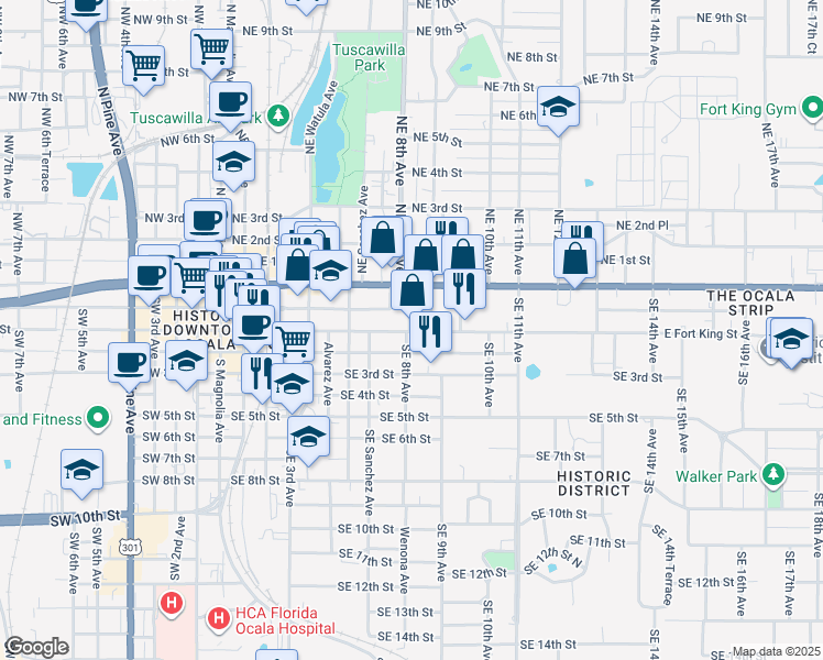 map of restaurants, bars, coffee shops, grocery stores, and more near 805 East Fort King Street in Ocala