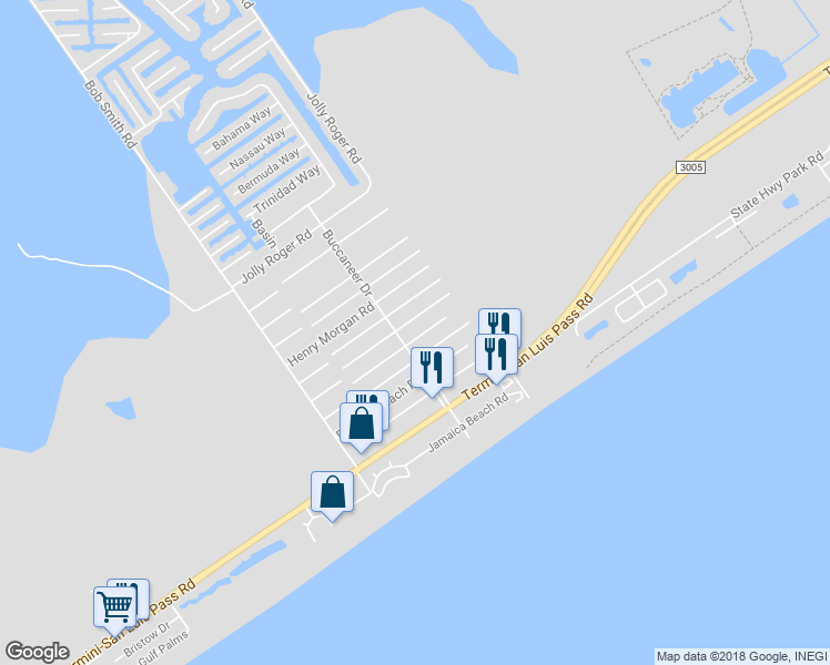 map of restaurants, bars, coffee shops, grocery stores, and more near 16530 Lewis Scot Road in Jamaica Beach