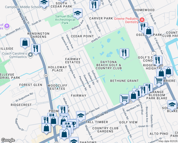 map of restaurants, bars, coffee shops, grocery stores, and more near 1221 Sunland Road in Daytona Beach