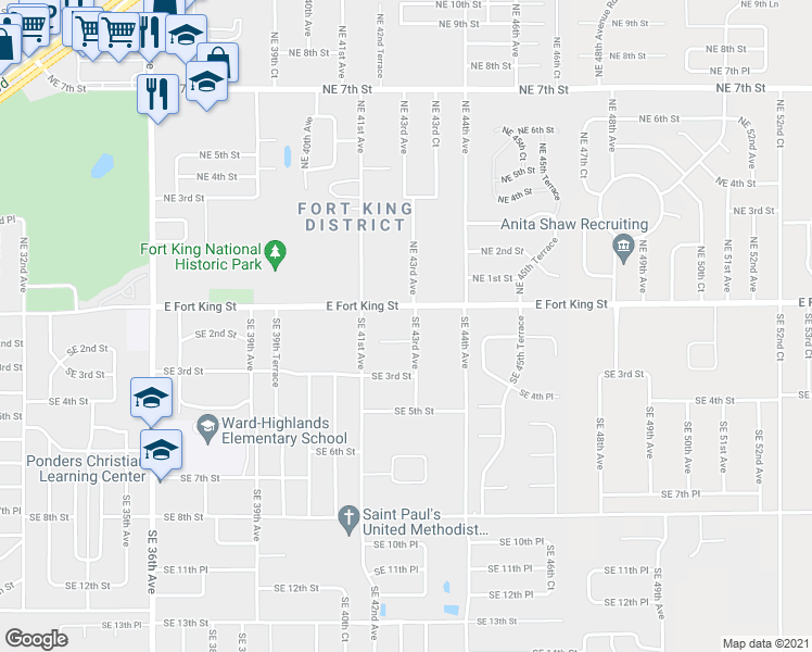 map of restaurants, bars, coffee shops, grocery stores, and more near 128 Southeast 43rd Avenue in Ocala