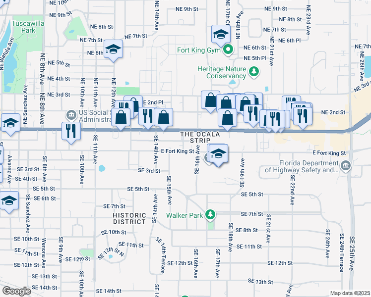 map of restaurants, bars, coffee shops, grocery stores, and more near 1545 East Fort King Street in Ocala