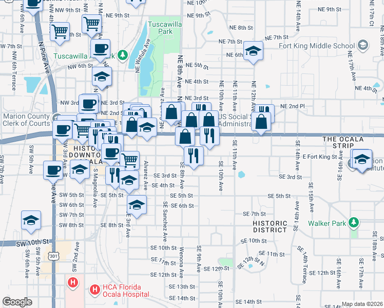 map of restaurants, bars, coffee shops, grocery stores, and more near 805 East Fort King Street in Ocala