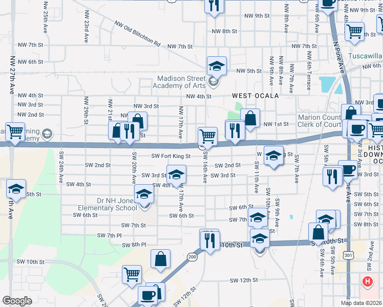 map of restaurants, bars, coffee shops, grocery stores, and more near 1633 Southwest Fort King Street in Ocala