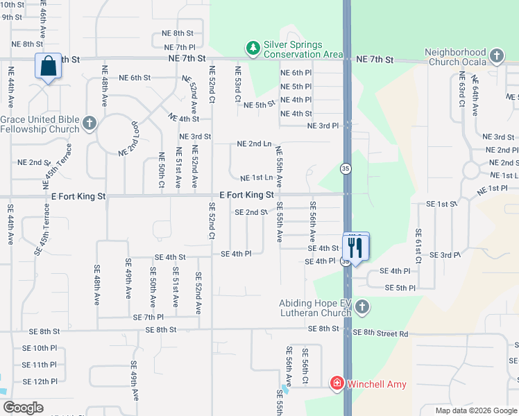 map of restaurants, bars, coffee shops, grocery stores, and more near 5421 Southeast 2nd Street in Ocala
