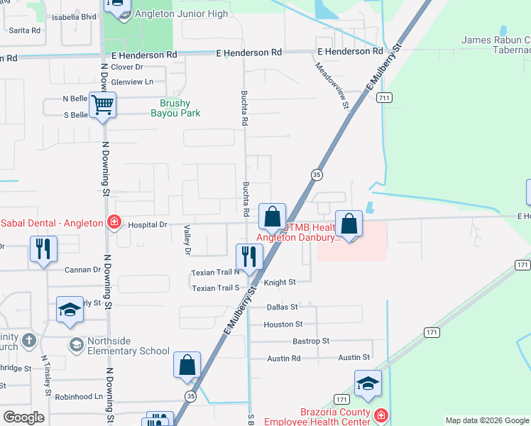 map of restaurants, bars, coffee shops, grocery stores, and more near 105 East Hospital Drive in Angleton
