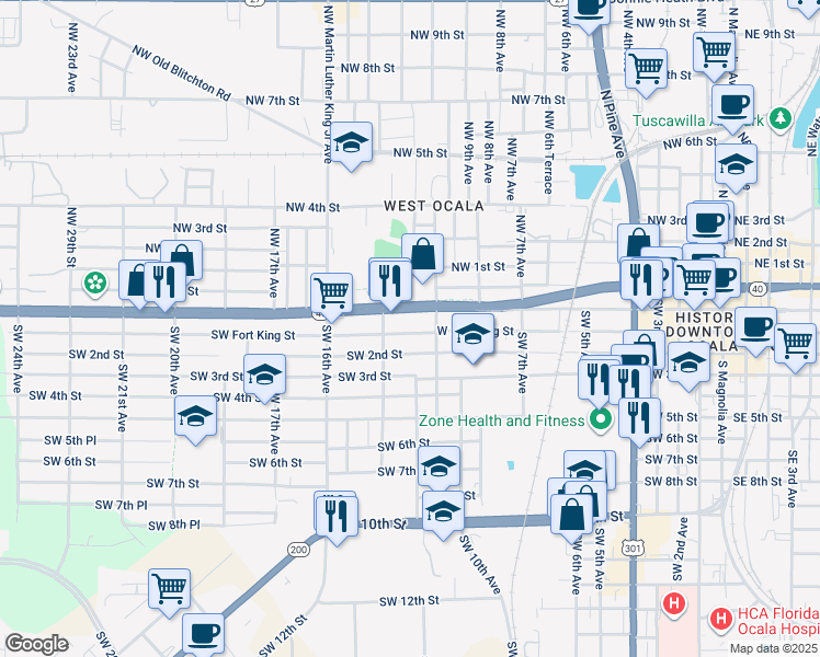 map of restaurants, bars, coffee shops, grocery stores, and more near 1203 Southwest Fort King Street in Ocala