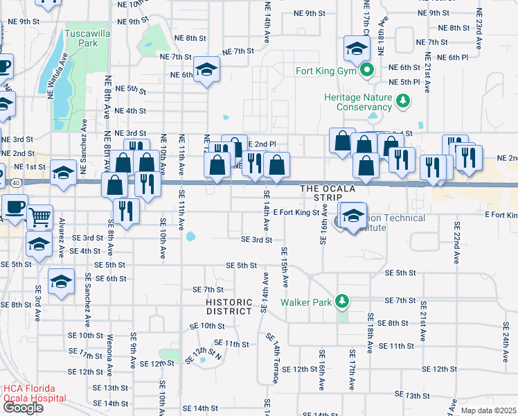 map of restaurants, bars, coffee shops, grocery stores, and more near 1331 East Fort King Street in Ocala
