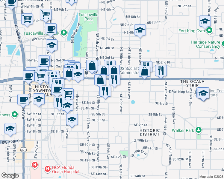 map of restaurants, bars, coffee shops, grocery stores, and more near 931 East Fort King Street in Ocala