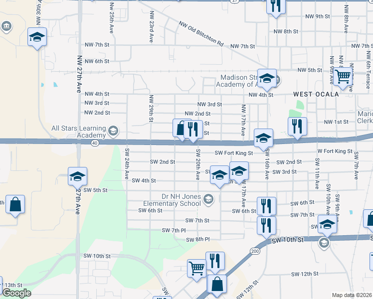 map of restaurants, bars, coffee shops, grocery stores, and more near 2051 West Fort King Street in Ocala